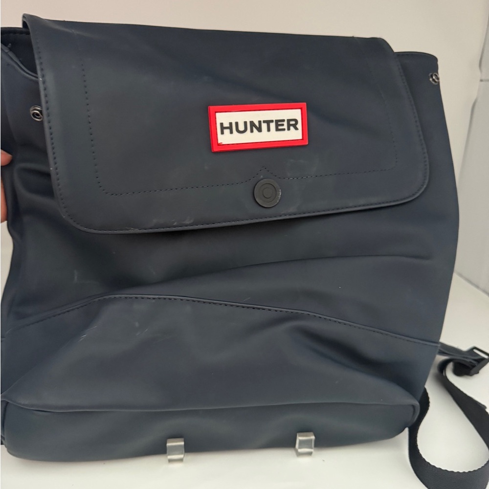 Hunter Navy Backpack Yellow Lining Black Hardware Logo Accent Snap Closure